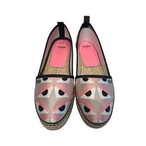 Fendi Pink Black White Monster Eyes Canvas Slip On Espdrilles Womens 38 / US 8